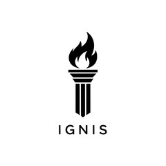 A stylized black and white graphic of an ancient-style torch with a flame atop a fluted column, bearing the word 