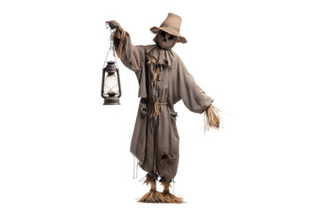 A Halloween scarecrow holding a lantern in one hand, isolated on a transparent background.