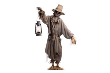 A Halloween scarecrow holding a lantern in one hand, isolated on a transparent background.