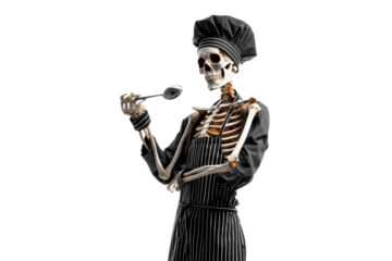 A Halloween skeleton chef wearing a hat and holding a spoon, isolated on a transparent background.
