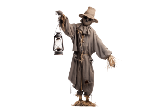 A Halloween scarecrow holding a lantern in one hand, isolated on a transparent background.