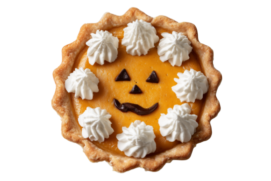 A Halloween pumpkin pie with whipped cream and spooky face, isolated on a transparent background.