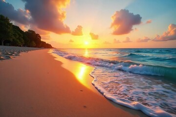 Golden sand beach at sunset, tranquil ocean waves gently lapping the shore, creating a serene and peaceful atmosphere  Perfect for travel, vacation, or relaxation themes , texture, shoreline