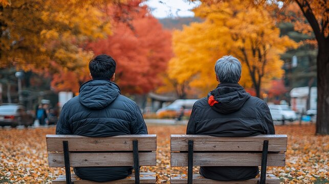 Autumn park bench, two men, autumn leaves, city view - Powered by Adobe