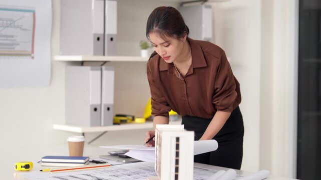 Asian architect professional reviews building plans in modern office working on structural design project development construction site preparation