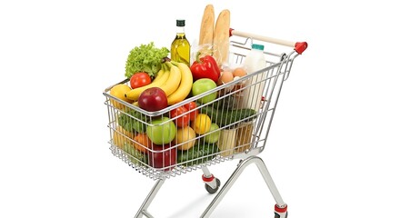 Full grocery cart overflowing with fresh fruits vegetables and bread