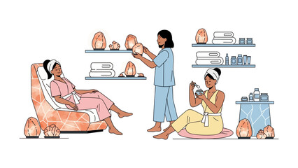 Three diverse women practicing yoga and meditation in a bright airy room with plants and decorative shelves promoting wellness and inner peace