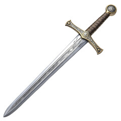 Realistic knight sword with shiny steel blade on transparent background for medieval posters, gaming graphics, and adventure branding
