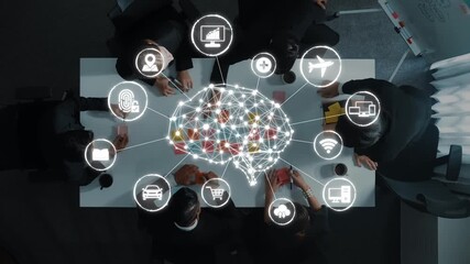 A captivating overhead view of a team engaged in brainstorming with digital icons symbolizing connectivity and innovation in a sleek office setting. Raster - Powered by Adobe