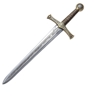 Realistic knight sword with shiny steel blade on transparent background for medieval posters, gaming graphics, and adventure branding