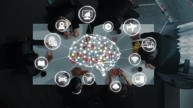 A captivating overhead view of a team engaged in brainstorming with digital icons symbolizing connectivity and innovation in a sleek office setting. Raster - Powered by Adobe