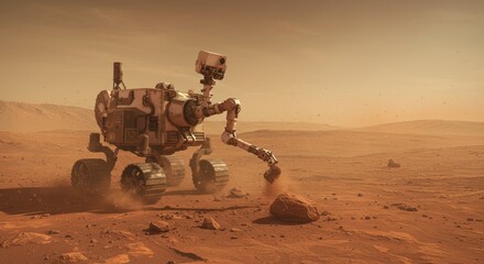 Robotic Mars Rover Exploring Red Planet Surface with Dust and Rocks in Desolate Landscape