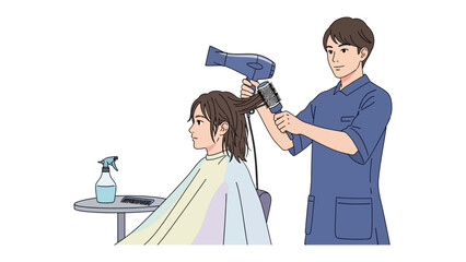 Two scenes depicting beauty salon services with hairdressers styling hair and makeup artists applying cosmetics to clients in a professional setting