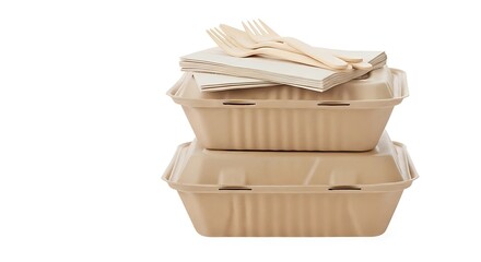 Stack of biodegradable food containers with utensils