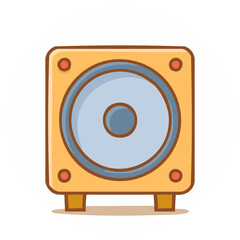 Stylized cartoon of a square speaker with a large blue cone and orange trim