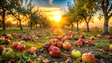 Apples on the ground in an orchard at sunset