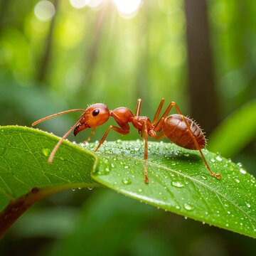 Red ant on dewy leaf in forest