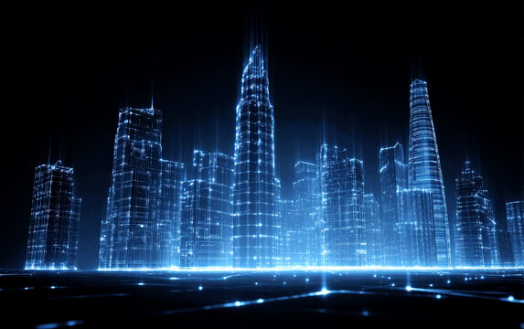 Futuristic digital cityscape with glowing skyscrapers and connected lines