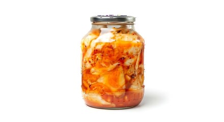 Fermented cabbage kimchi in a clear glass jar on a white background