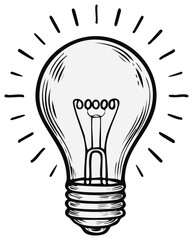 Sketchy illustration of a lit incandescent light bulb with radiating lines symbolizing ideas
