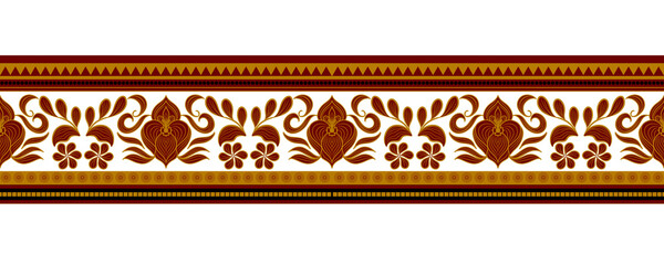 Vintage seamless wallpaper with golden floral stripes and red fire flames in a vintage ornamental frame