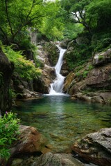 Tranquil waterfall cascading into a clear pool nestled within lush greenery
