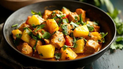 Chicken curry with pineapple selective focus