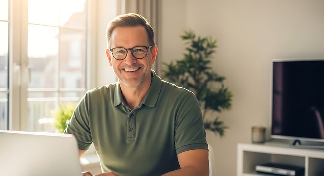 Smiling man works at home office on laptop looking cheerfully while wearing glasses at a sun filled living room with - Powered by Adobe