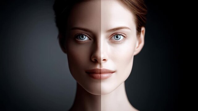 Female Facial Skin Tone Comparison Showing Before and After Beauty Skincare Effects