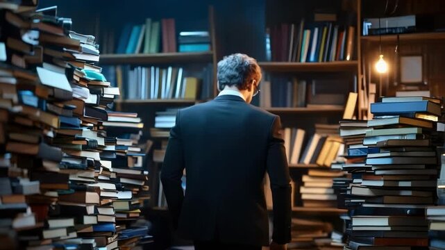 A man in a suit stands between towering stacks of books in a dim, cozy library.