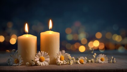 Two lit candles and daisies on a wooden surface