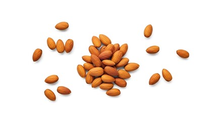 Pile of roasted almonds scattered on a white background