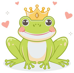 Obraz premium Cute cartoon frog with golden crown and pink hearts, whimsical fantasy character