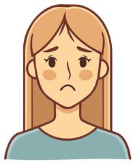 Obraz premium Cartoon illustration of a sad and unhappy young woman with a worried face