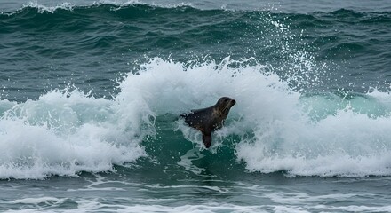 Fototapeta premium Seal surfs ocean wave