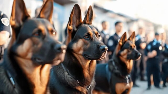 A line of German Shepherd police dogs standing in formation.