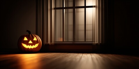 Spooky Halloween Themed Celebration, A glowing jack-o'-lantern sits on the floor, with light streaming through partially drawn curtains.
