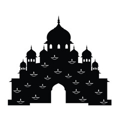 Black silhouette palace adorned with diyas building