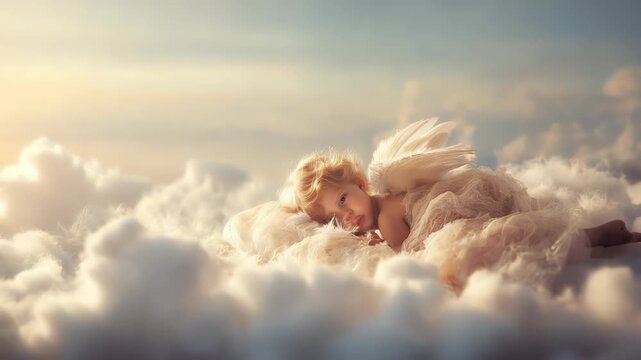 Dreamy baby angel sleeping peacefully on fluffy clouds in heaven