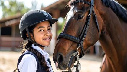 Obraz premium Young girl smiles at horse