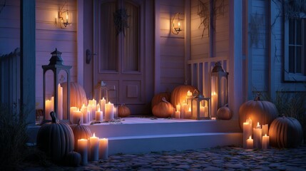Obraz premium Spooky Halloween Themed Celebration, Spooky Halloween entrance with pumpkins and glowing candles in a dimly lit setting.
