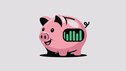 Obraz premium A cartoon pink piggy bank with a smiling face and a green bar graph on its side on a light background