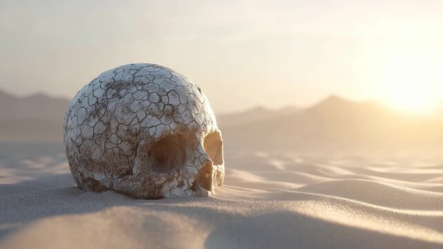 Skull in arid desert landscape at sunset, symbolic of mortality and fragility