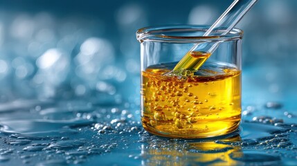 A close-up of a glass beaker containing yellow liquid with bubbles, illuminated against a blue background, highlighting laboratory or scientific themes.