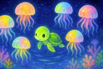 夜のクラゲとウミガメ