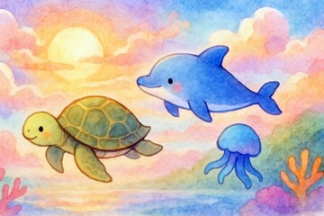 夕暮れの海と仲間たち