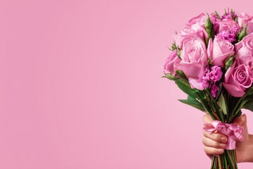 Fototapeta premium A bouquet of pink roses held in a hand against a pink background.