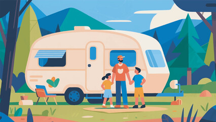 Illustration of Cozy Caravan Family Holiday Vector Design Template © BedRoses