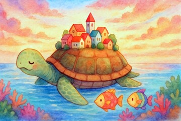 巨大ウミガメと背中の街