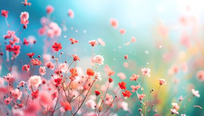 Pink and red flowers in a field